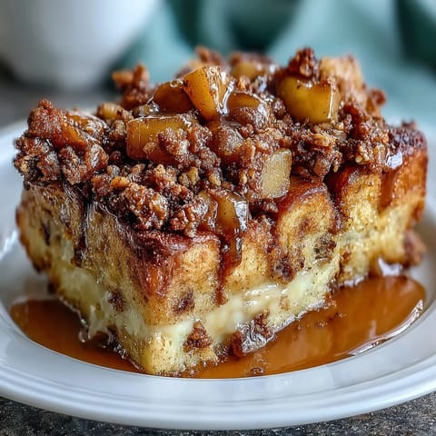 Golden baked Apple Pie Overnight French Toast casserole with streusel topping.