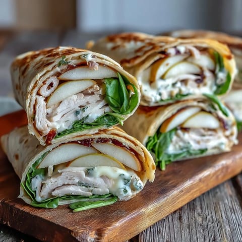 Pear Turkey Cheddar Wraps bursting with fresh pear, savory turkey, and cheese.