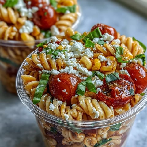 Individual Tomato Corn Pasta Salad Cups layered with colorful vegetables and tangy dressing.