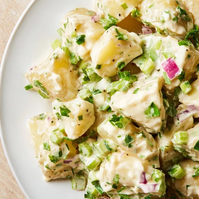 Classic American Potato Salad featuring diced red onion, hard-boiled eggs, and a tangy mayonnaise-mustard dressing ready for a picnic.