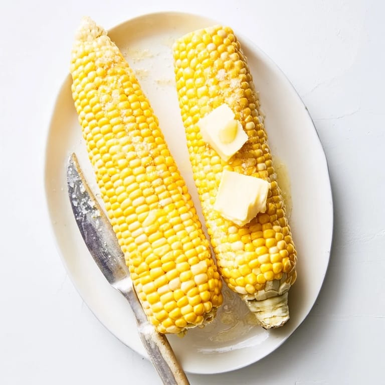 Freshly husked corn on the cob, generously buttered and salted, ready to be enjoyed at a summer cookout.