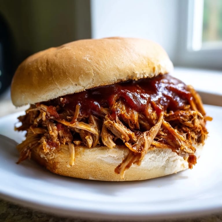 Slow-cooked Pulled Pork Sandwich on a toasted bun, served with barbecue sauce drizzle and crunchy coleslaw on the side.