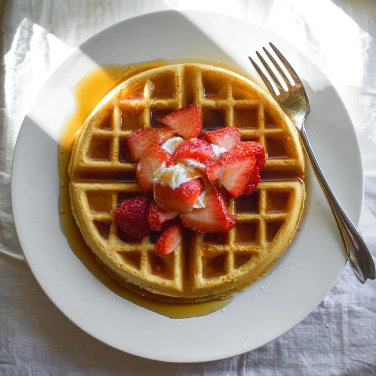 Close-up of a golden-brown waffle with deep pockets, perfect for holding melted butter and warm maple syrup.
