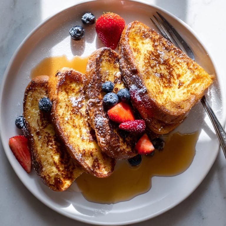 A fork lifts a bite of warm French toast topped with fresh berries, syrup dripping down the sides.