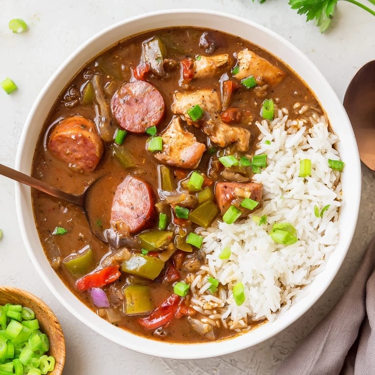 This hearty Cajun stew features a dark roux base, tender chicken, and aromatic vegetables like bell peppers and onions, simmered to perfection.