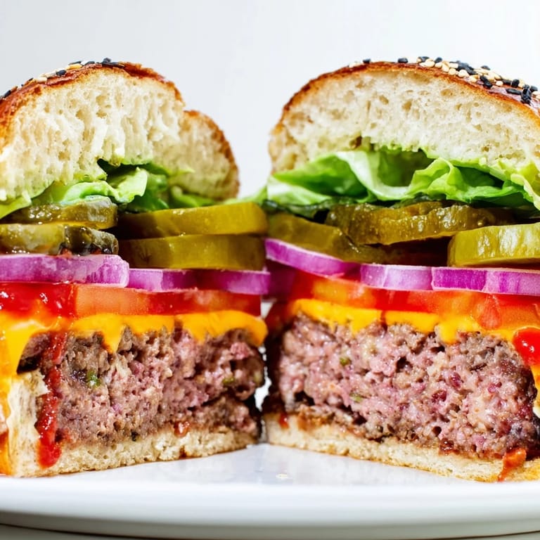 Homemade hamburgers with char-grilled beef patties, cheddar, and condiments stacked high on a buttery toasted bun.