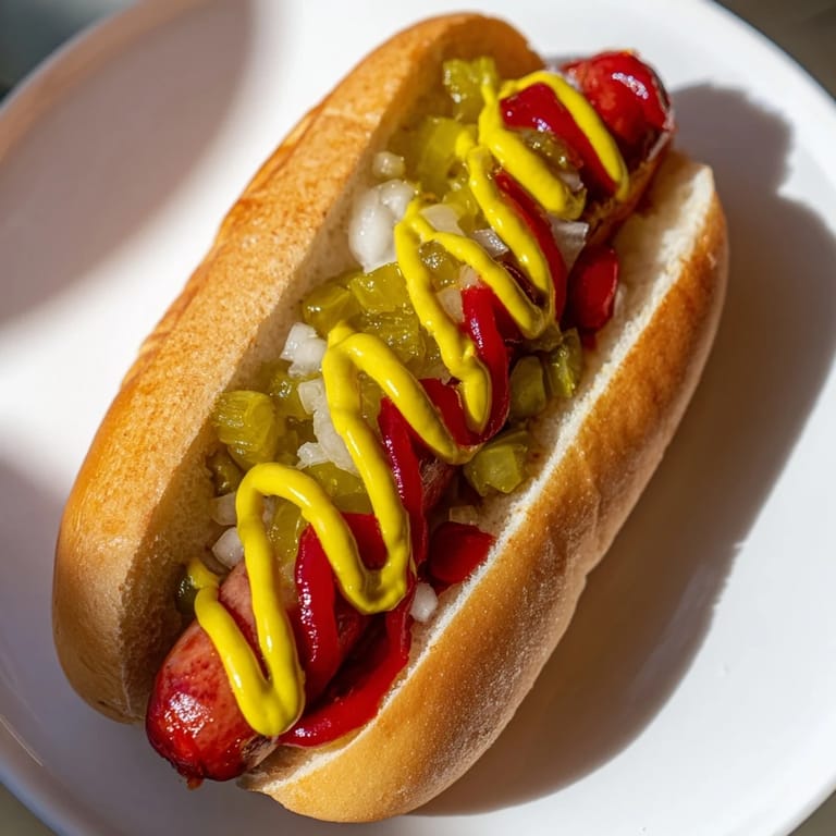Golden brown frankfurters rest in soft buns, garnished with tangy relish and chopped onions on a picnic table.