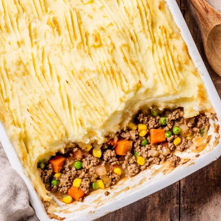 Close-up of a forkful of Shepherd's Pie showing fluffy mashed potatoes and a rich gravy packed with carrots and peas.