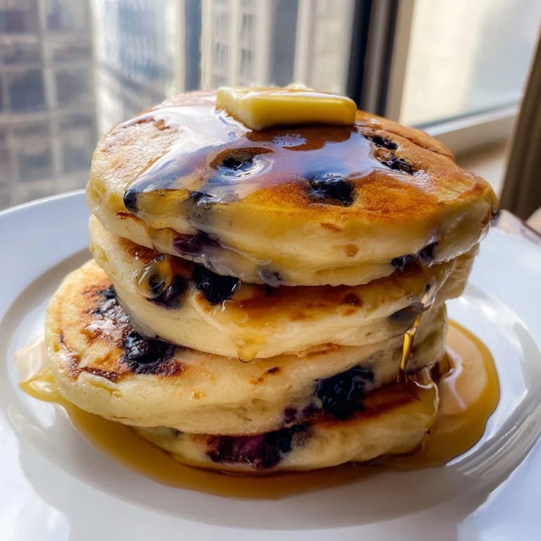 Close-up shot of Blueberry Pancakes with juicy berries inside, served hot on a rustic wooden table.