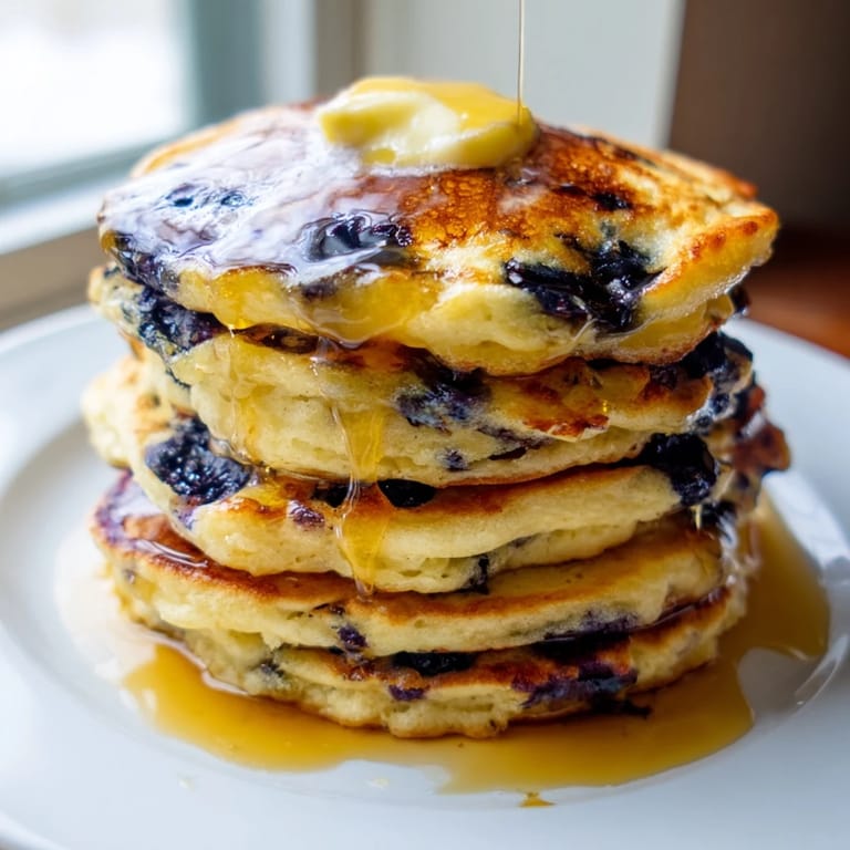Golden-brown Blueberry Pancakes topped with fresh blueberries and a dollop of whipped cream for a sweet breakfast.