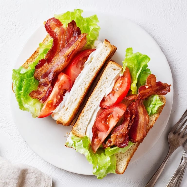 A freshly made BLT Sandwich on a wooden cutting board, with crunchy bacon, bright green lettuce, and ripe red tomato peeking out of toasted bread.