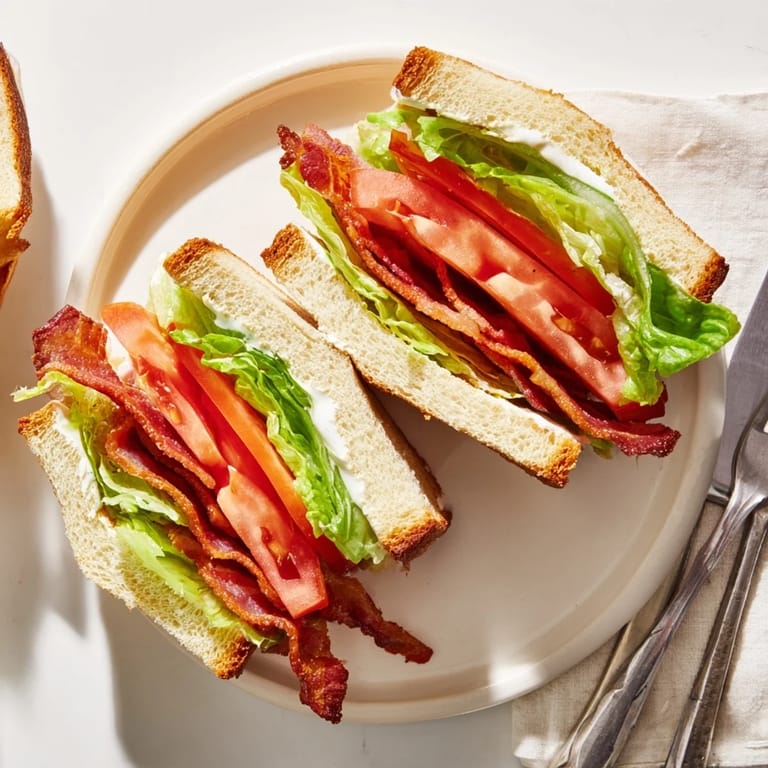Close-up of a toasted BLT Sandwich stacked high with crispy bacon, leafy lettuce, and thick tomato, served with potato chips and pickles for lunch.