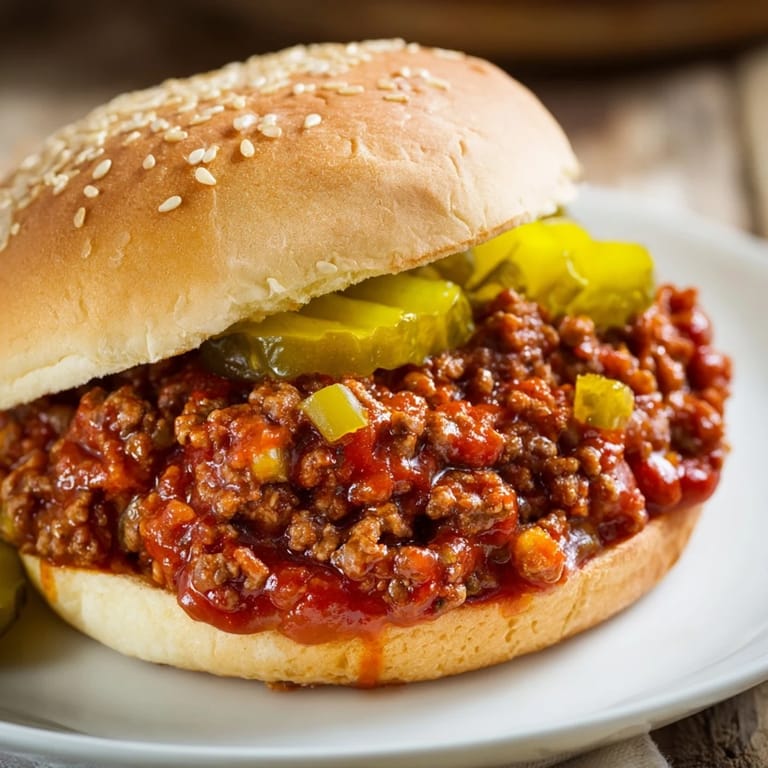 Savory, sweet-sauced Sloppy Joes piled high on soft hamburger buns, garnished with dill pickle slices for an easy weeknight family dinner.