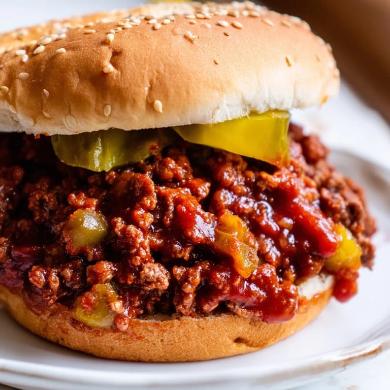 Homemade Sloppy Joes with seasoned ground beef and peppers simmered in rich tomato sauce, served open-faced to show the saucy filling.