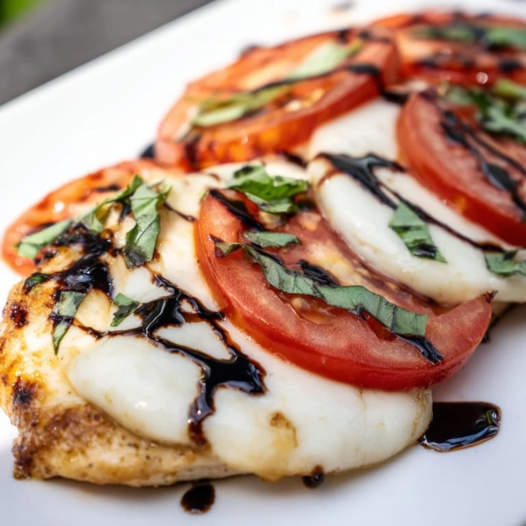 A bubbling Caprese Chicken Skillet fresh from the oven, featuring a rich balsamic glaze drizzled over the melted cheese.