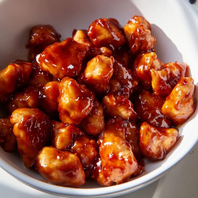 A close-up of a vibrant sweet chili chicken bowl, garnished with sesame seeds and sliced green onions on a rustic kitchen table.  