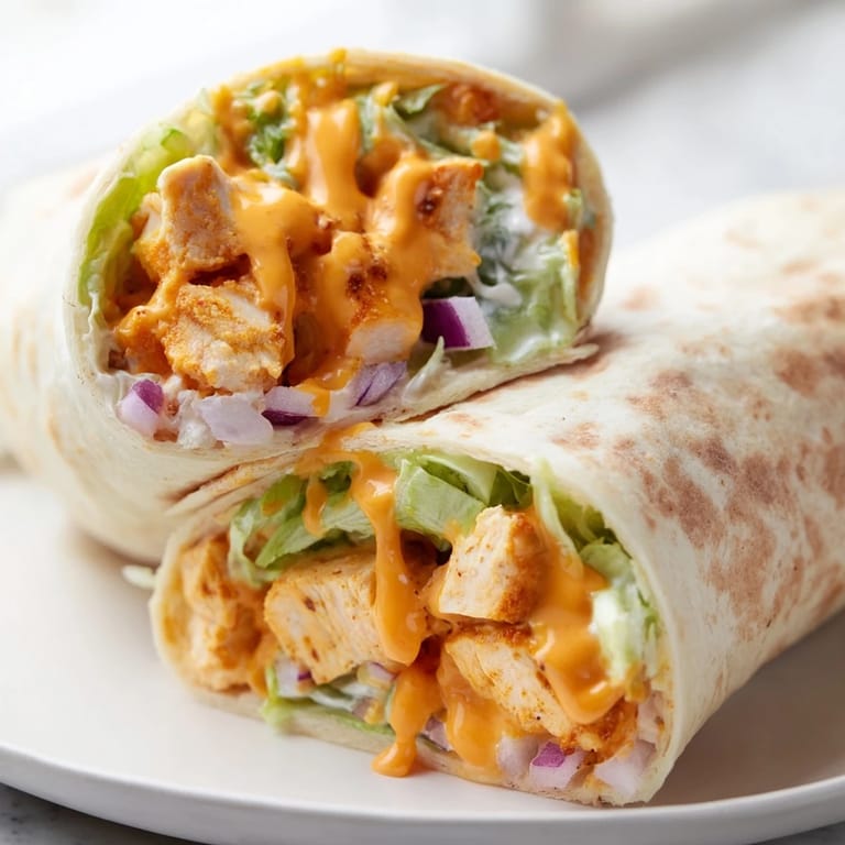 Freshly prepared Buffalo Ranch Chicken Wrap on a wooden board, drizzled with extra ranch and spicy buffalo sauce for dipping.  