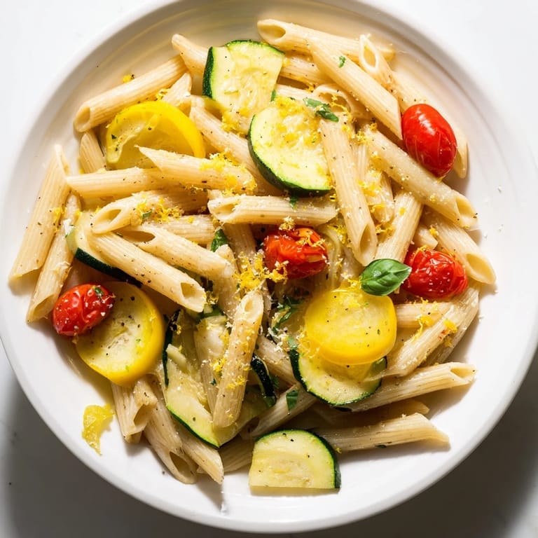 A serving bowl of Garden Veggie Pasta, combining al dente pasta with tender zucchini and yellow squash, juicy tomatoes, and a sprinkle of Parmesan, ready for a summery vegetarian meal.