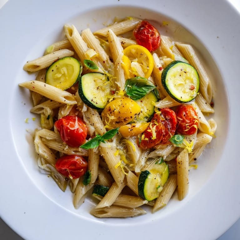 Overhead shot of Garden Veggie Pasta on a rustic table, showing a colorful mix of garden vegetables and fresh herbs tossed with pasta, accompanied by a glass of white wine.