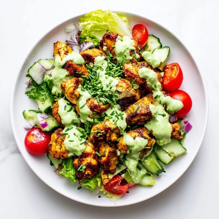 Close-up of avocado ranch chicken salad featuring juicy chicken, diced cucumber, cherry tomatoes, and creamy dressing on crisp greens.