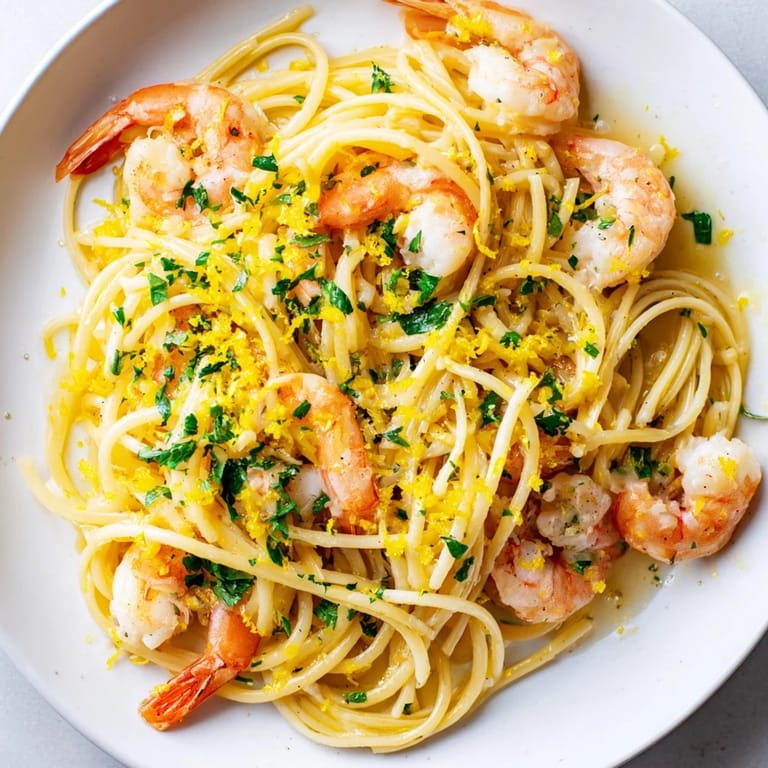 A close-up view of savory Lemon Garlic Shrimp Pasta, featuring plump shrimp and a glossy, citrusy sauce.