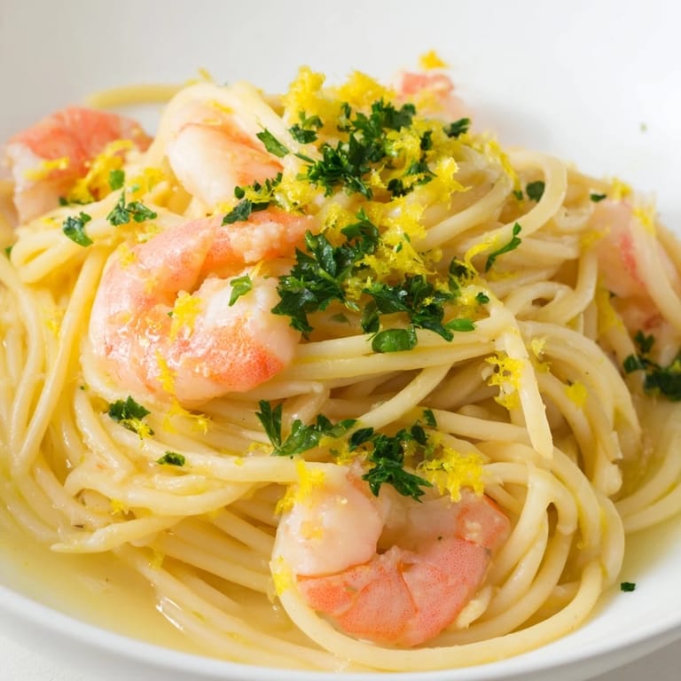 Golden shrimp sautéed in a garlicky lemon butter sauce, tossed with spaghetti and garnished with fresh parsley.