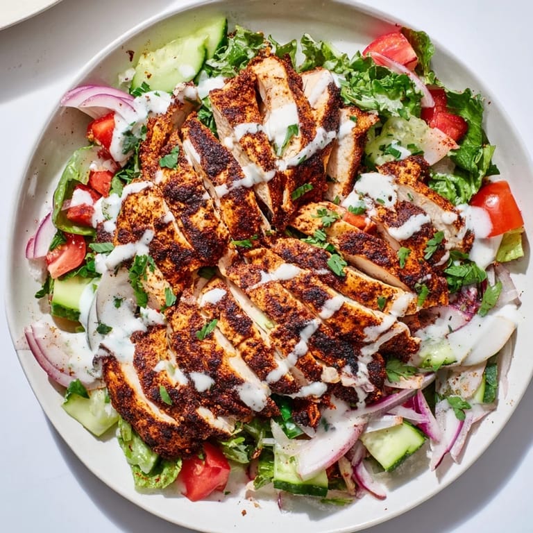 Sliced grilled chicken rests on a bed of colorful vegetables, finished with a generous swirl of tangy, garlicky yogurt dressing.