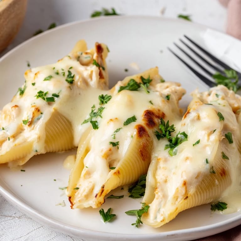 Freshly baked Chicken Alfredo Stuffed Shells on a white plate, drizzled with Alfredo sauce and garnished with parsley.