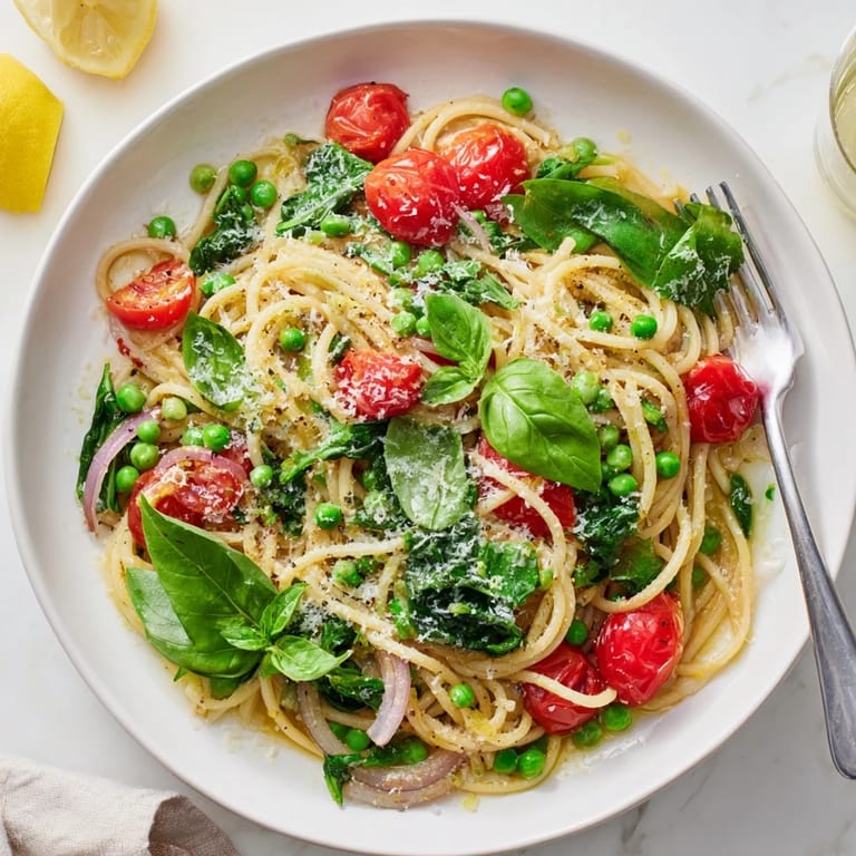 Plate of Spring Veggie One-Pot Spaghetti with tender pasta, bright peas, spinach, and fresh basil leaves, ready to serve.