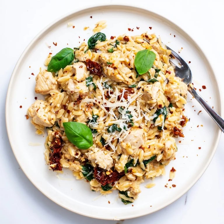 Tender Tuscan Chicken Orzo with juicy chicken pieces, al dente pasta, and melted Parmesan cheese, garnished with fresh basil leaves.  