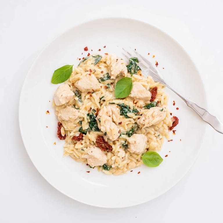 A close-up of a rich Tuscan Chicken Orzo dish featuring vibrant red tomatoes, wilted greens, and a luscious, creamy sauce.