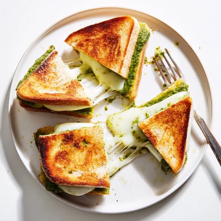 A warm Sourdough Pesto Grilled Cheese served with a bowl of tomato soup, perfect for a cozy lunch or dinner.