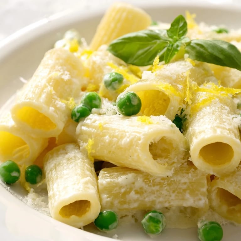 A close-up of a spring-inspired Pea & Lemon Ricotta Pasta serving, highlighting the silky lemon sauce and extra grated Parmesan on top.