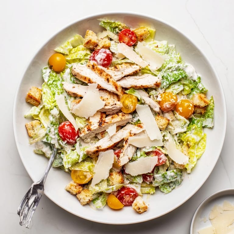 Serving suggestion for Yogurt Caesar Grilled Chicken Salad featuring juicy grilled chicken, homemade croutons, and a light, protein-packed yogurt dressing.