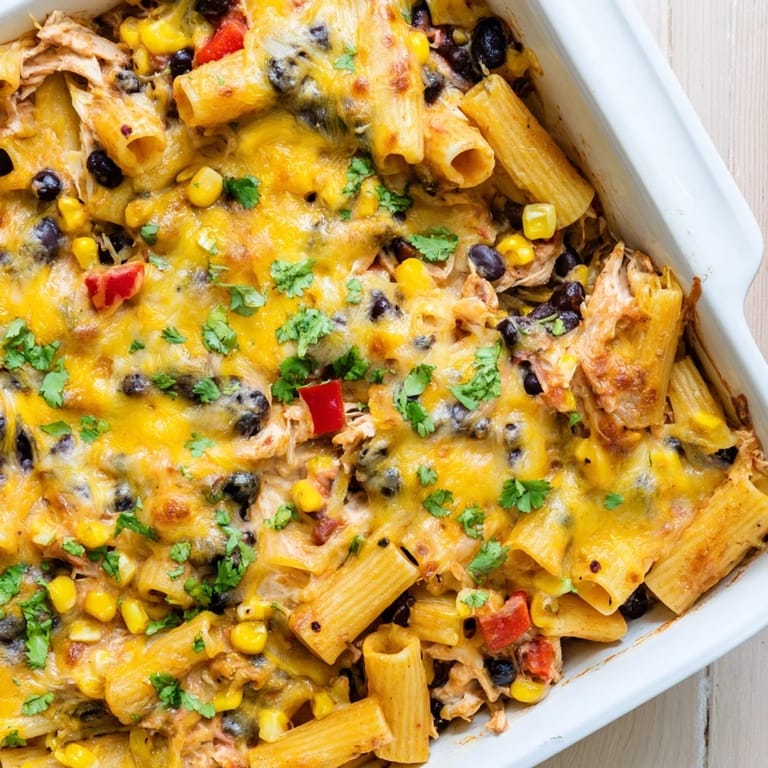 Fresh cilantro and lime garnish this hearty Tex-Mex pasta bake with tender chicken and corn.
