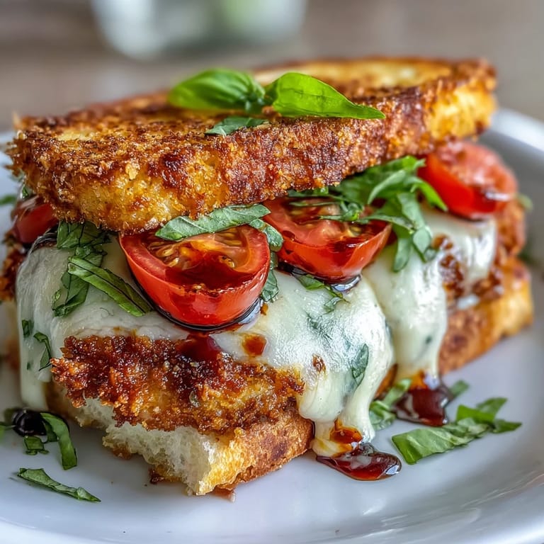 Juicy, breaded chicken caprese sandwich ready to be devoured with toasted ciabatta.