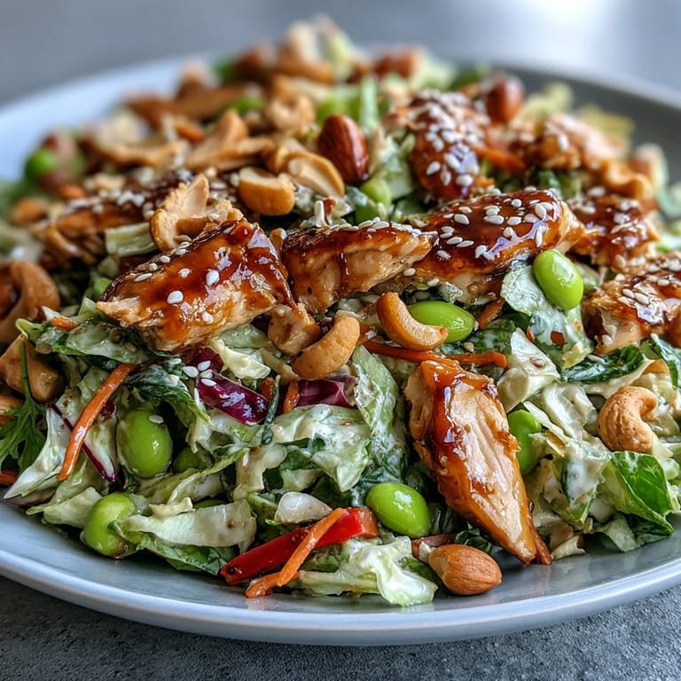 Zesty ginger dressing coats this Edamame Crunch Chicken Salad, featuring crisp edamame and red bell pepper, ready to be enjoyed immediately.