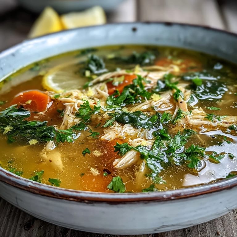 Garnished with fresh dill and lemon wedges, this High Protein Lemon and Turmeric Chicken Soup is ready to serve.