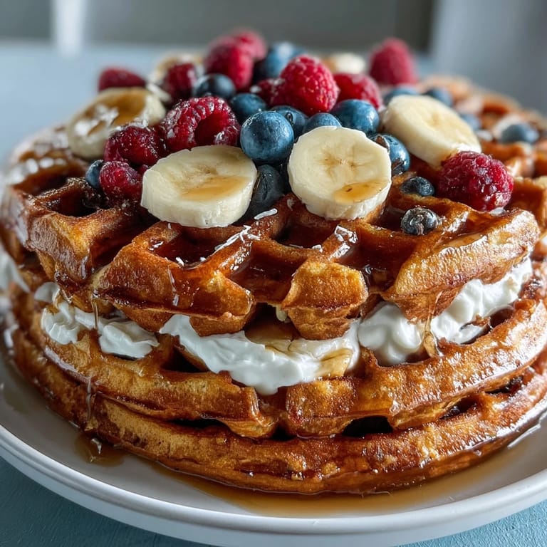 Freshly cooked adaptogenic turmeric waffles topped with coconut yogurt and sliced bananas for a nourishing breakfast.  