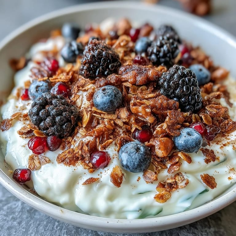 Hearty Yogurt Bowl with Winter Berries and Spiced Crunch, layered with maple-sweetened yogurt, fresh berries, and cinnamon-spiced nuts.