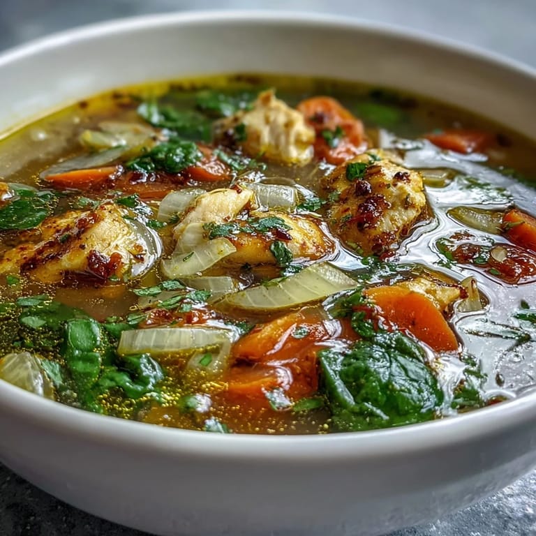 Gluten-free turmeric chicken soup served in a rustic ceramic bowl, with a lemon wedge and crusty bread on the side.