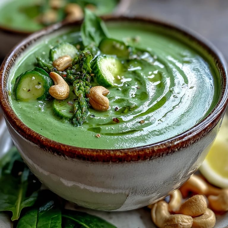 Steaming bowl of Big Green Immunity-Boosting Vegetable Soup with bright broccoli, asparagus, and cashew cream, ideal for a nourishing vegan meal.