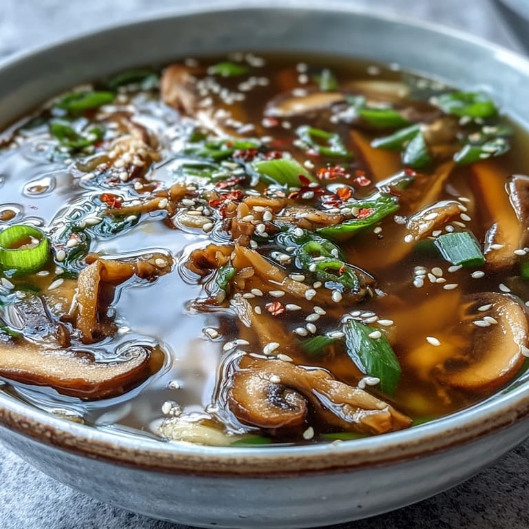 Overhead view of ginger-miso winter soup in a shallow bowl, garnished with scallions and toasted sesame seeds, steam rising from the fragrant broth.