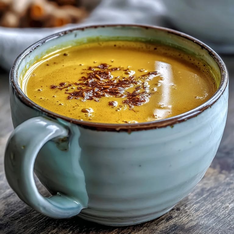 Steaming Turmeric and Ginger Golden Milk poured into a ceramic mug, golden turmeric swirl visible.