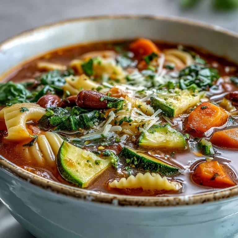 A bowl of Minestrone Soup steaming beside crusty bread, featuring colorful vegetables like zucchini, carrots, and vibrant green beans.