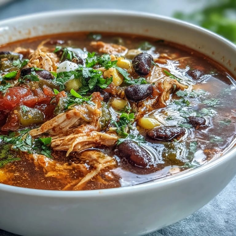 Close-up of Southwestern Turkey Soup garnished with fresh cilantro and lime wedges on a rustic table.