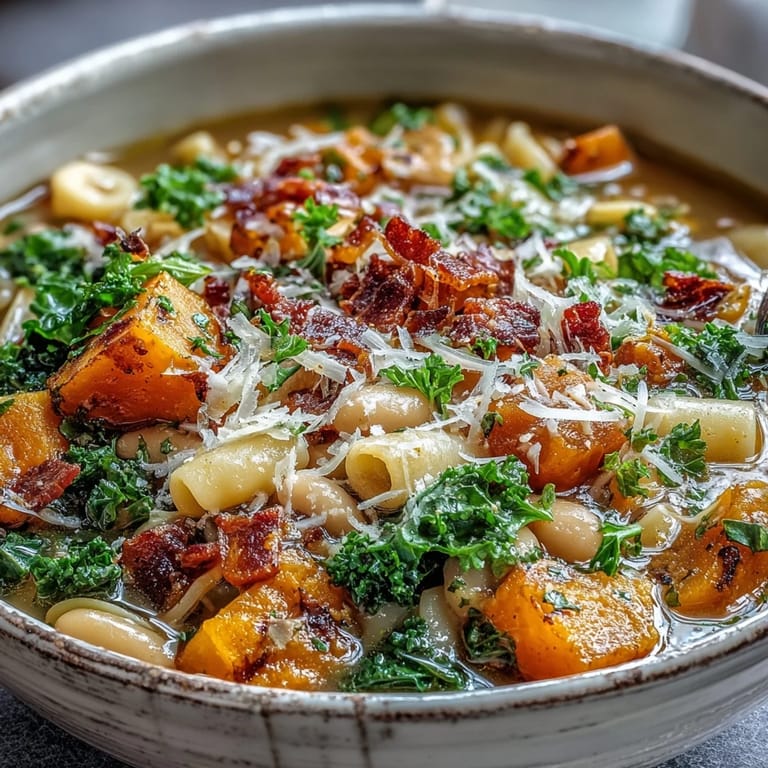 A steaming ladle of Fall Minestrone reveals chunks of kale, pancetta, and colorful autumn vegetables in rich broth.