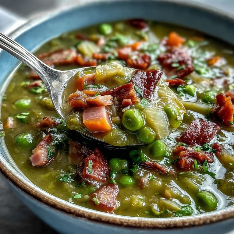 A hearty bowl of Split Pea and Ham Soup with diced carrots and tender ham, ready to serve.