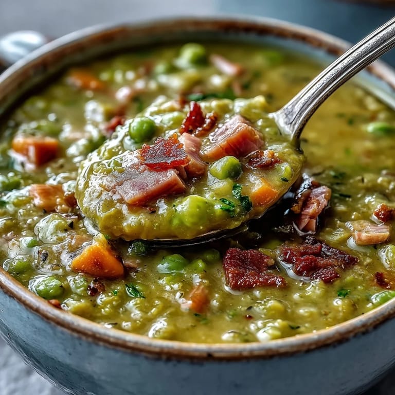Thick, savory Split Pea and Ham Soup simmering in a pot, with a slice of crusty bread nearby.