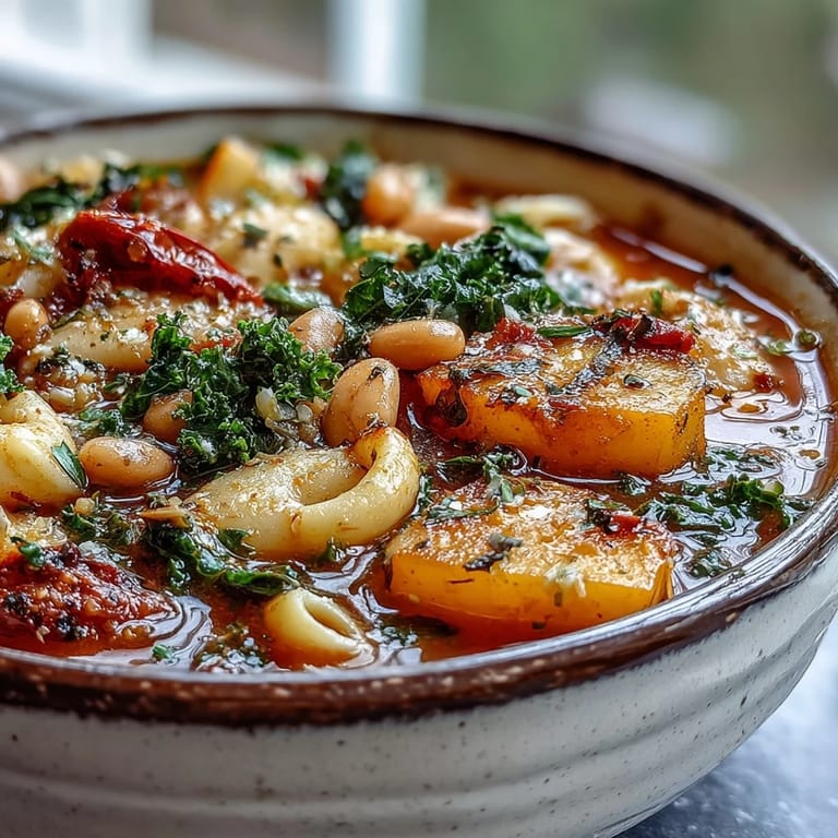 A hearty Winter Minestrone Soup with Butternut Squash and Kale simmering in a pot, ready to be served.